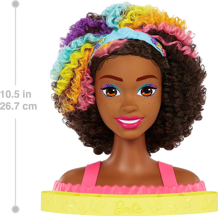 Barbie Doll Deluxe Styling Head with Color Reveal Accessories and Curly Brown Neon Rainbow Hair