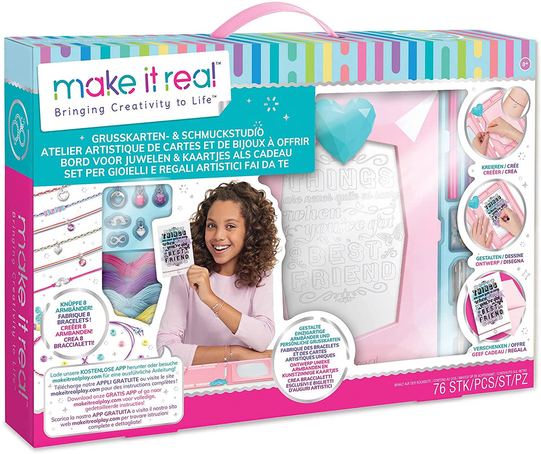 Make It Real 2901518 DIY Greeting Card & Jewellery Studio Craft Kit for Kids Cre