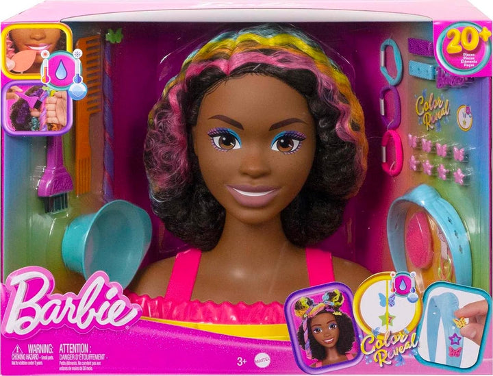 Barbie Doll Deluxe Styling Head with Color Reveal Accessories and Curly Brown Neon Rainbow Hair