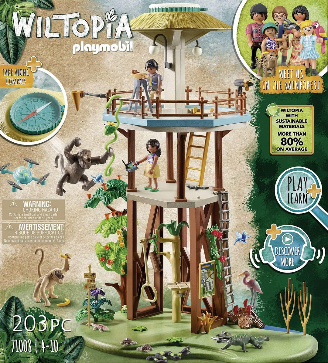 PLAYMOBIL Wiltopia 71008 Forschungsturm mit Kompass und Spieltieren, Nachhaltig