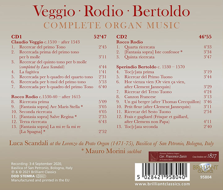 Veggio, Rodio, Bertoldo: Complete Organ Music [Audio CD]