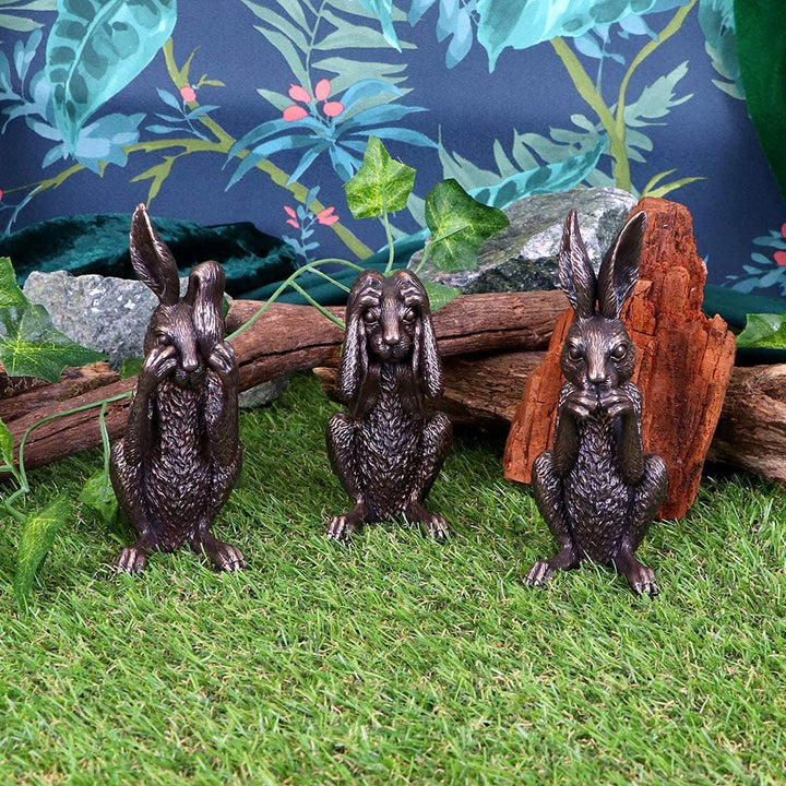 Nemesis Now See No, Hear No, Speak No Evil Bronze Hare Figurines, Polyresin, One