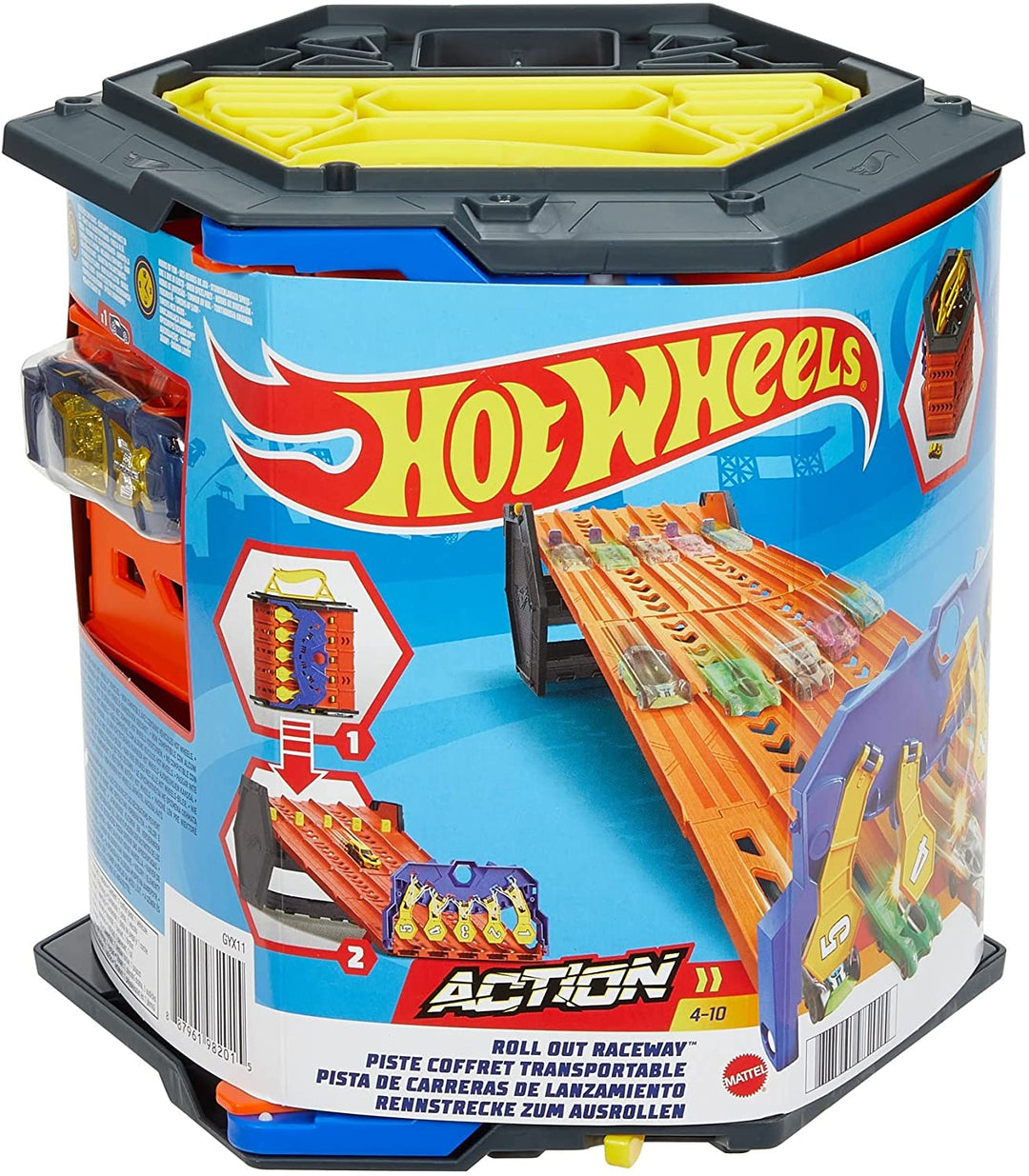 Hot Wheels Roll Out Raceway Track Set, Storage Bucket Unrolls into 5-Lane Racetrack for Multi-Car Play, Connects to Other Sets