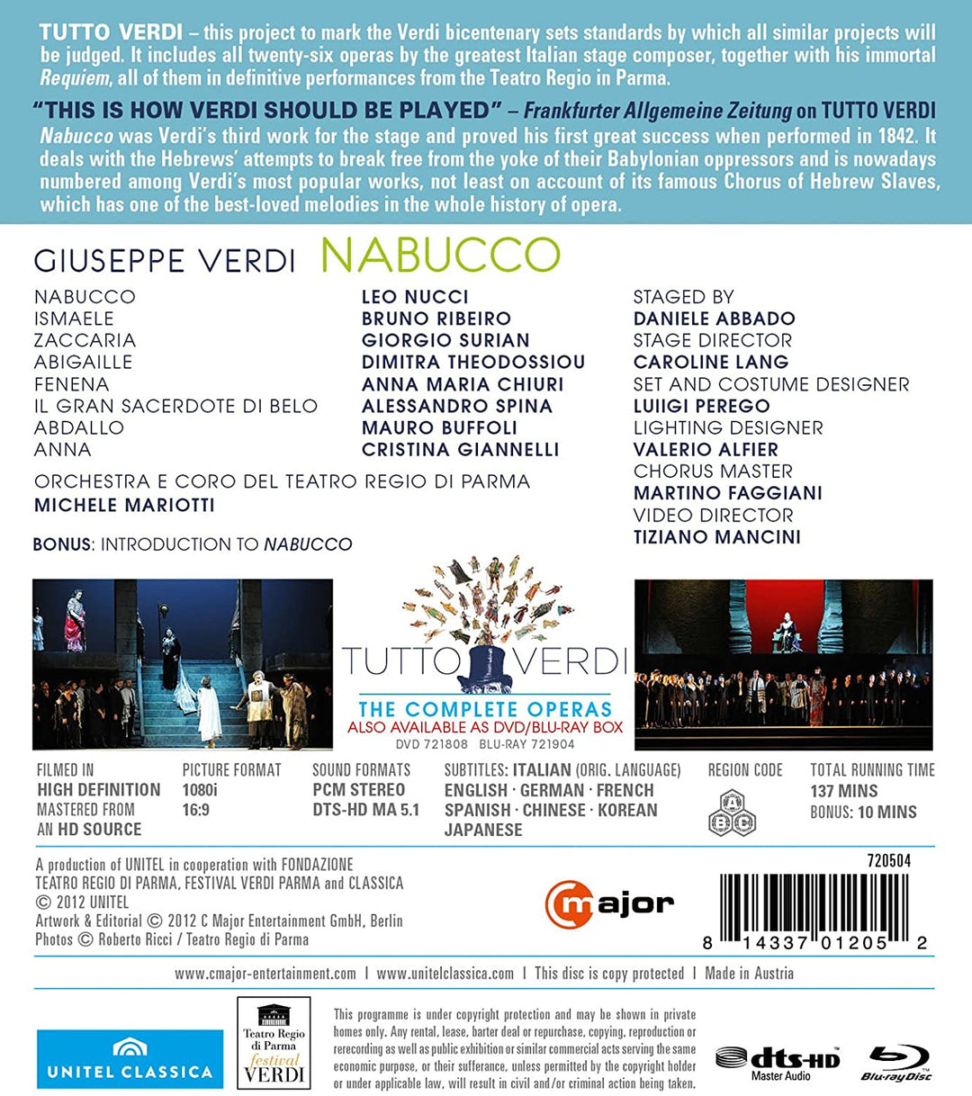 Verdi: Nabucco (Abbado 2009) (Nucci/ Ribeiro/ Surian/ Theodossiou/ Chiuri/ Orchestra e Coro del Teatro Regio di Parma/ Michele Mariotti/ Daniele Abbado) (C Major: 720504) [2012] - dRAMA [DVD]