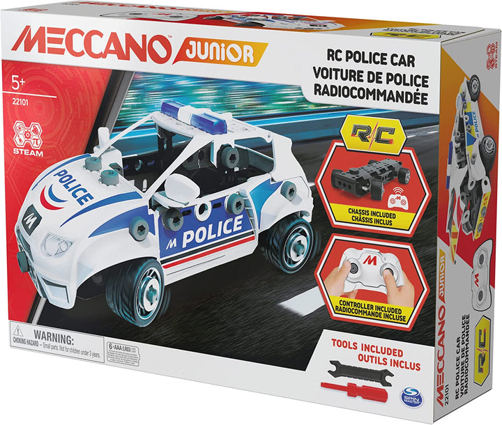 Meccano Junior, ferngesteuertes Polizeiauto mit funktionierendem Kofferraum und echtem Werkzeug, Spielzeugmodell-Bausatz