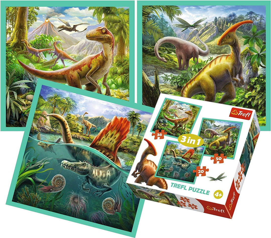 Trefl 916 34837 EA 3 in 1 The Extraordinary World of Dinosaurs, Multi-colord