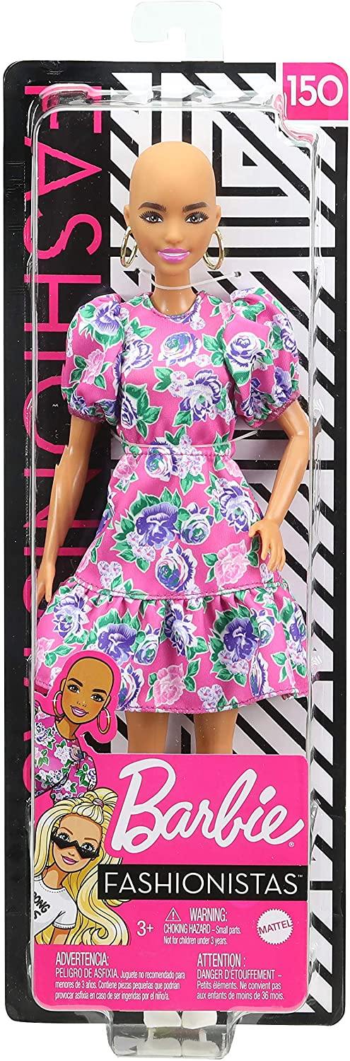 Barbie Fashionistas Doll 150 With No Hair Look Wearing Pink Floral Dress, White Booties & Earrings - Yachew