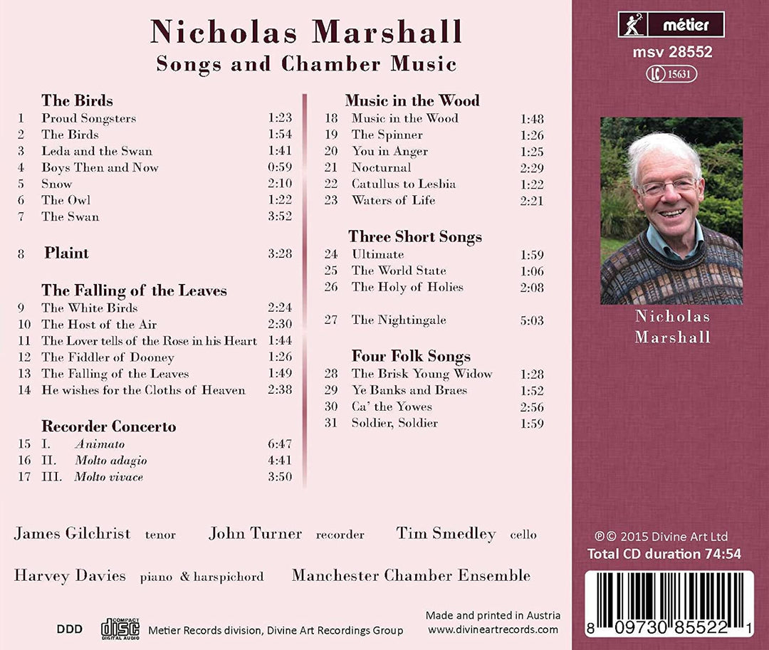 Marshall:Songs & Chamber Music [James Gilchrist; Tim Smedley; John Turner; Harvey Davies; Manchester Chamber Ensemble] [DIVINE ART: MSV28552] [Audio CD]