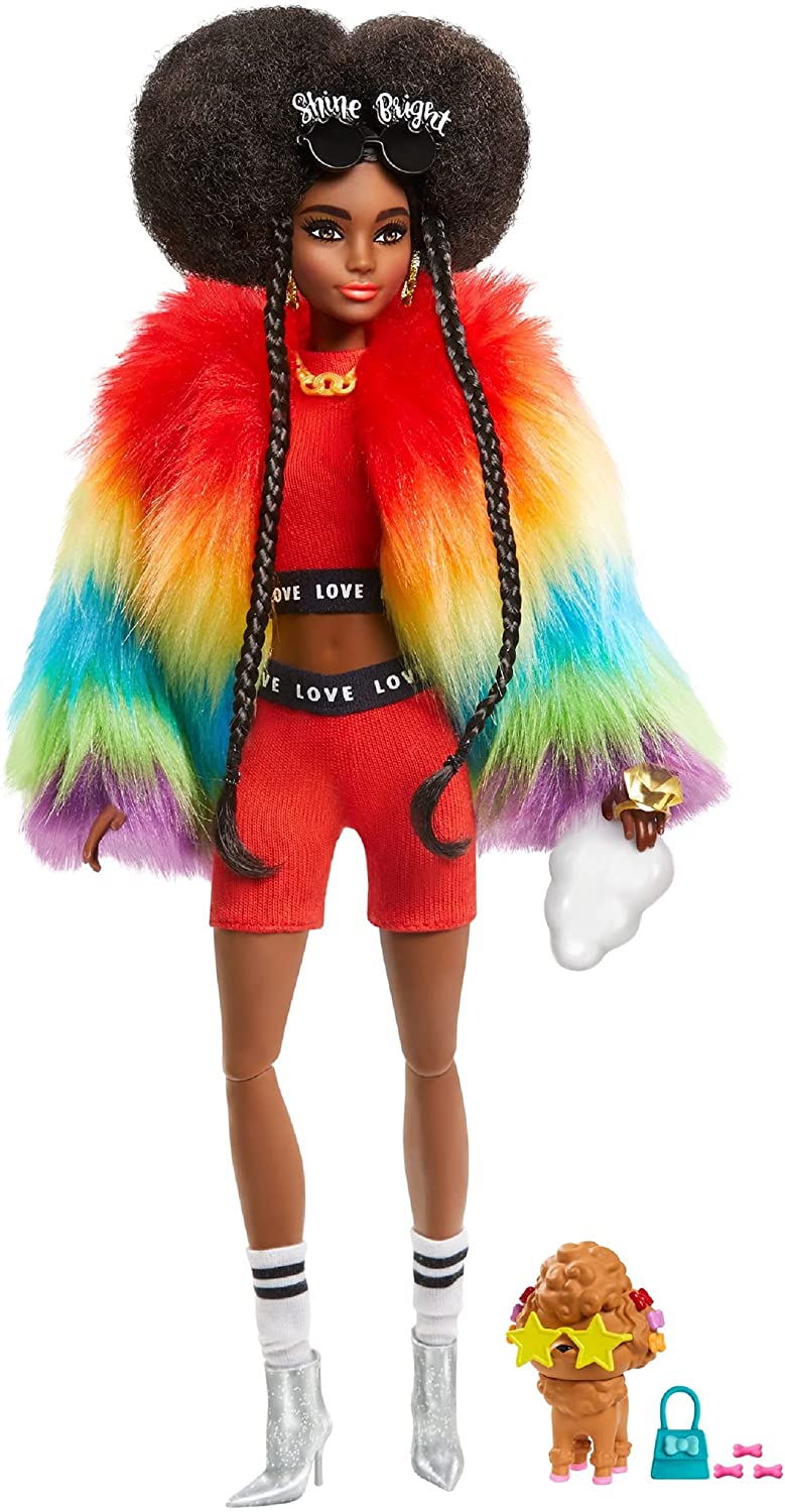 Barbie Extra Doll in Rainbow Coat with Pet Dog Toy