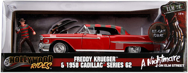 Jada 253255004 Pesadilla en Elm Street coche Cadillac Series 62 1958 metal con figure 1:24 Freddy Krueger Car Collecting, red