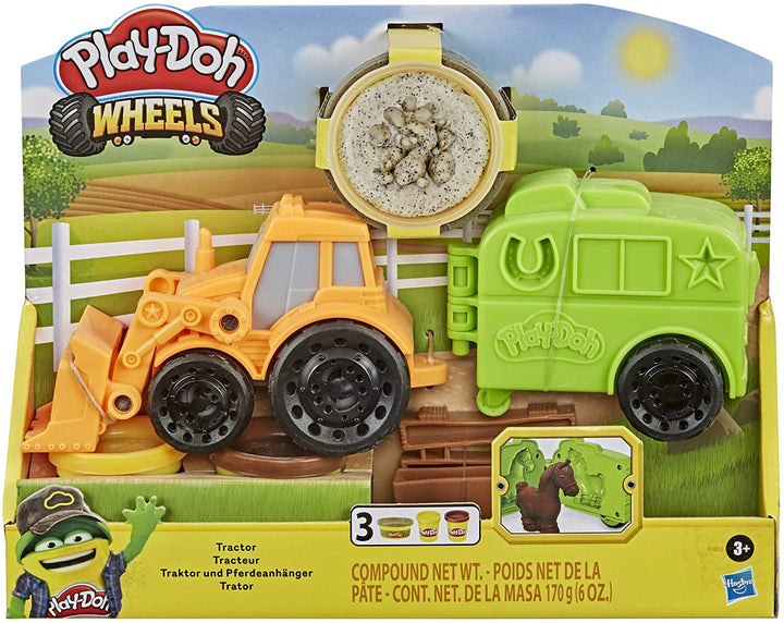 Play-Doh Wheels Tractor Farm Truck Toy for Kids 3 Years and Up with Horse Trailer Mold and 3 Cans of Non-Toxic Modeling Compound