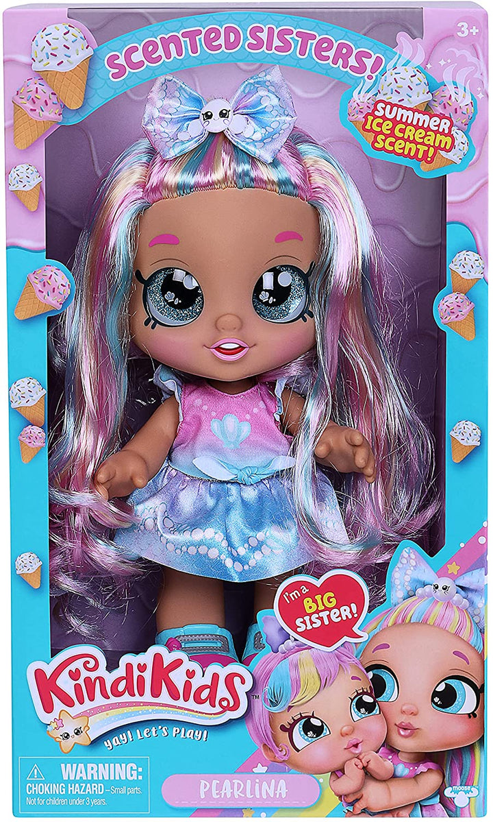 Kindi Kids Pearlina Summer Ice Cream Scented Big Sister Official 10 Inch Toddler Doll with Bobble Head, Big Glitter Eyes, Changeable Clothes and Removable Shoes