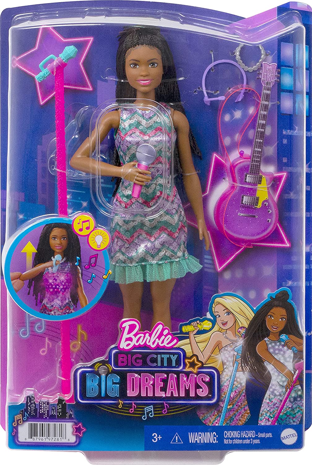 Barbie Big City, Big Dreams Singing Barbie “Brooklyn” Roberts Doll (11.5-in Brunette with Braids) with Music, Light-Up Feature
