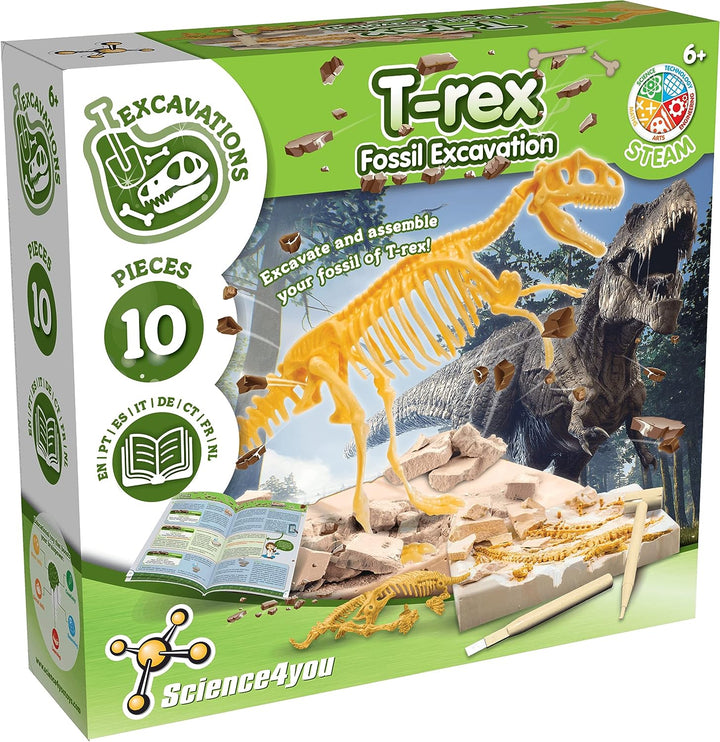 Science4you T Rex Fossil Hunting Kit for Kids - Excavate and assemble the 10 pieces TRex Fossil