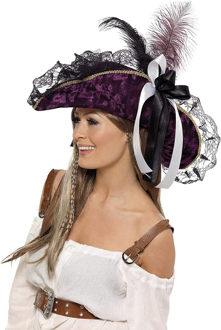 Fever Marauding Pirate Hat with Feathers and Ribbon - Purple