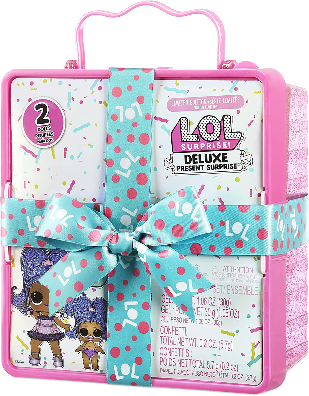 L.O.L. Surprise! Deluxe Present Surprise Toy - Limited Edition Doll & Sister in Party Gift Box Packaging - Includes Surprise Treats, Outfits, Shoes, Confetti, Sand, Colour Change, Water Fizz - Purple