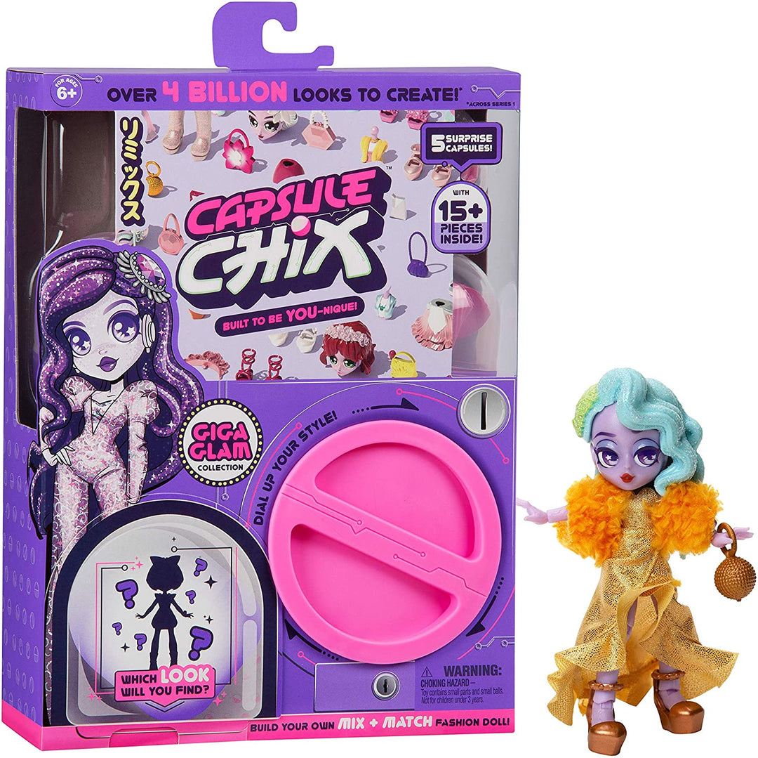 Capsule Chix Giga Glam Collection, 4.5 Inch Doll with Capsule Machine Unboxing and Mix and Match Fashions and Accessories