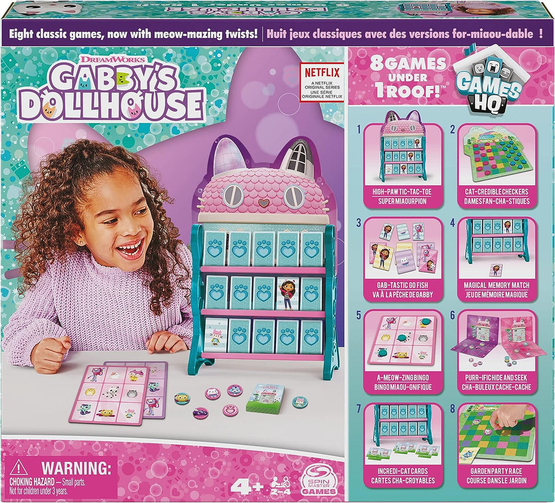 Gabby's Dollhouse, Games HQ Checkers Tic Tac Toe Memory Match Go Fish Bingo Card