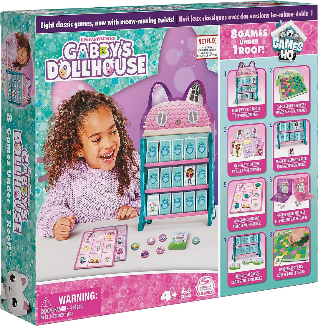 Gabby's Dollhouse, Games HQ Checkers Tic Tac Toe Memory Match Go Fish Bingo Card