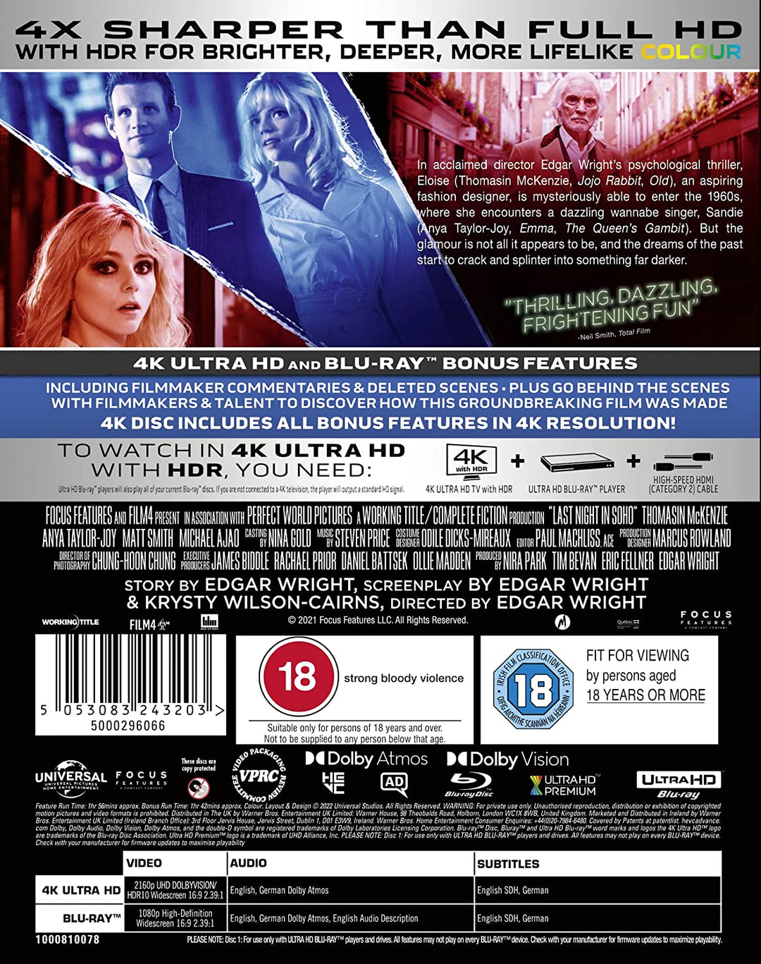 Last Night In Soho [4K UHD] [2021] [Region Free] -Horror/Drama [Blu-ray]