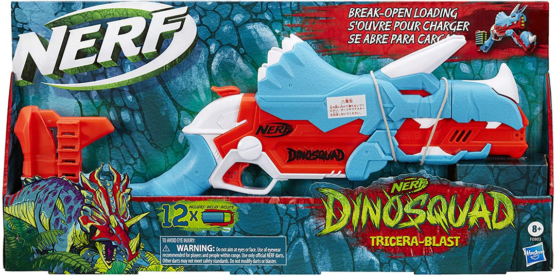Nerf DinoSquad Tricera-blast Blaster, Break-Open 3-Dart Loading, 12 Darts and Dart Storage