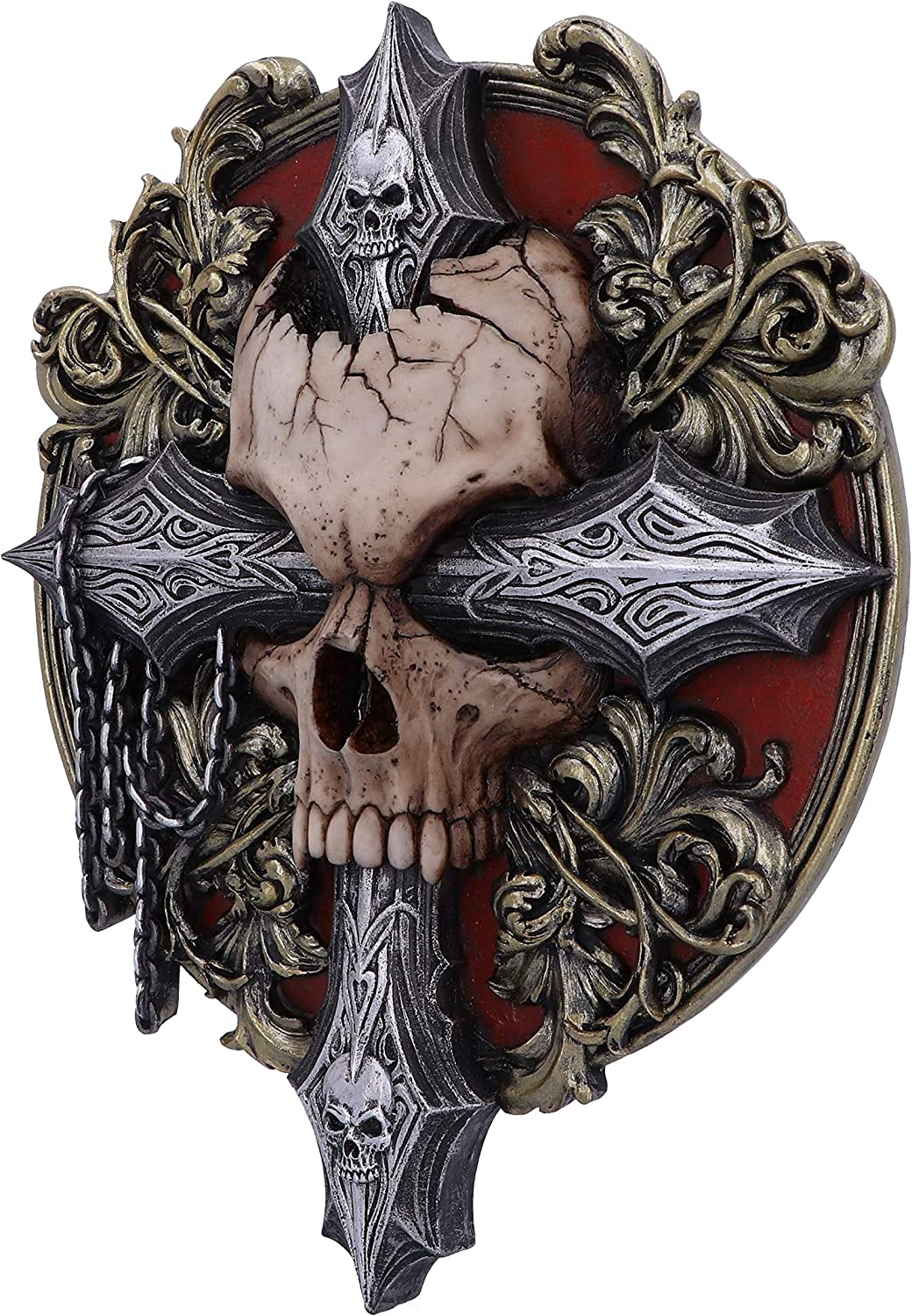 Nemesis Now Spiral Darkness Cross Baroque Skull and Chains Wall Plaque, Red, 32c