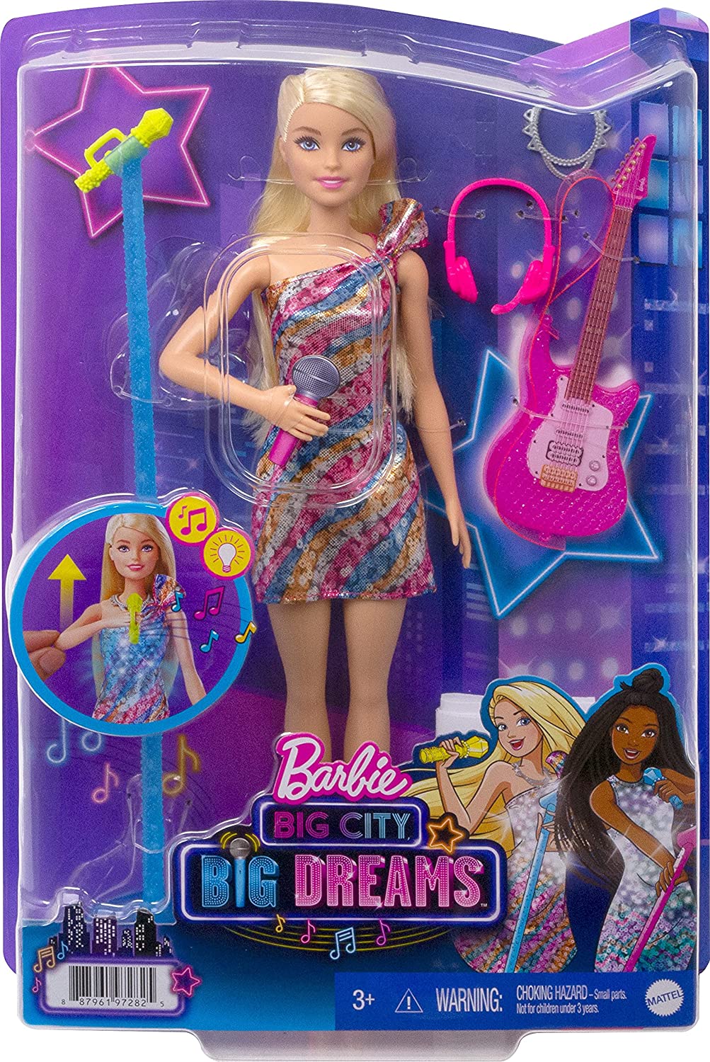 Barbie: Big City, Big Dreams Zingende Barbie "Malibu" Roberts-pop (11,5 inch blond) met muziek, oplichtende functie, microfoon en accessoires