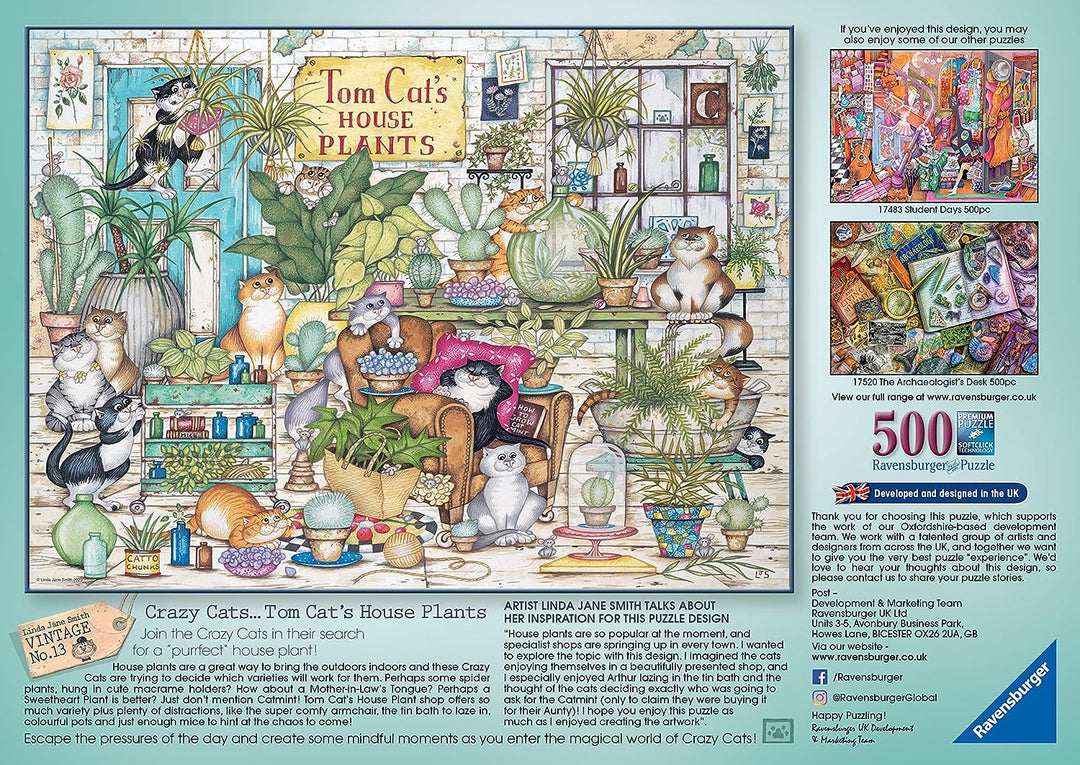 Ravensburger Crazy Cats - Tom Cat’s House Plants 500 Piece Jigsaw Puzzle for Adults and Kids